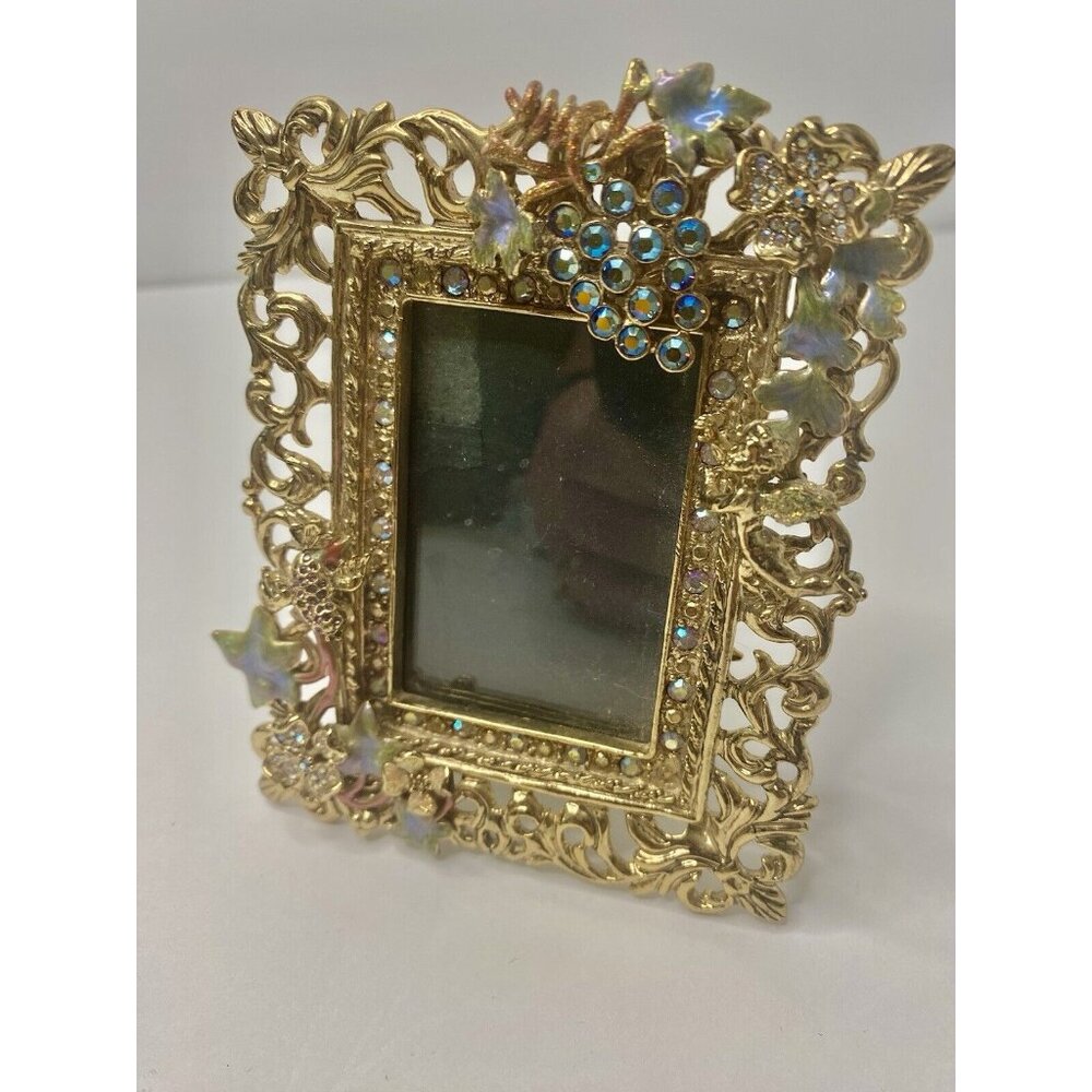 Kirks Folly Signed Picture Frame Rhinestone Grapes‎ Cherub Bird Easel Back